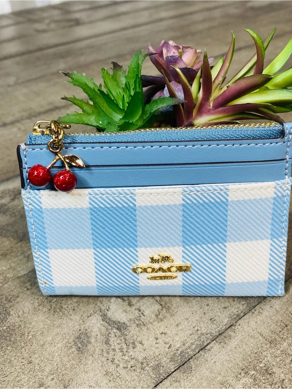 COACH Mini Skinny ID Case Gingham Blue White Card Holder Wallet Cherry Charm
